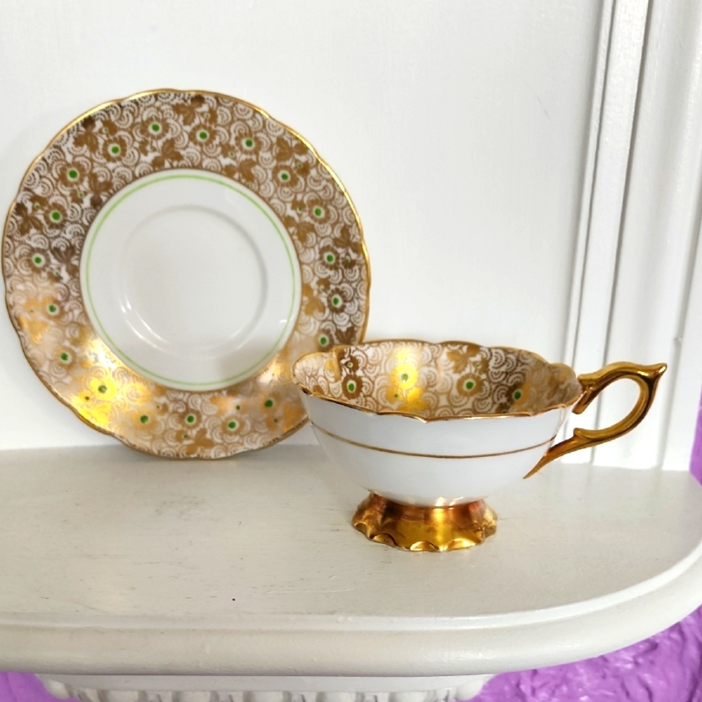 Royal Stafford Footed Tea Cup Bone China Gold White With Flowers Pink Do…